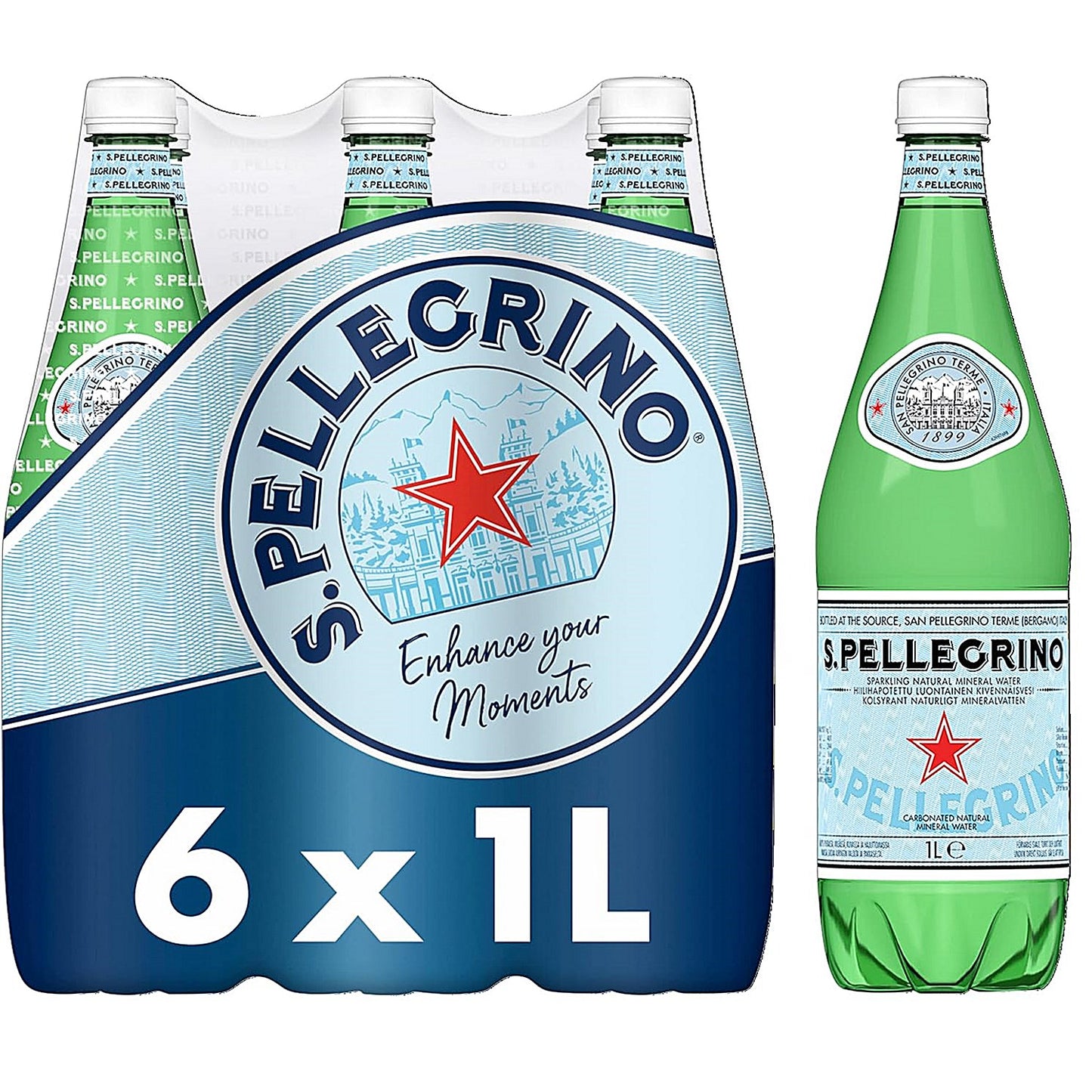 San Pellegrino Sparkling Water, Plastic Bottles, 1 Litre, Pack of 6