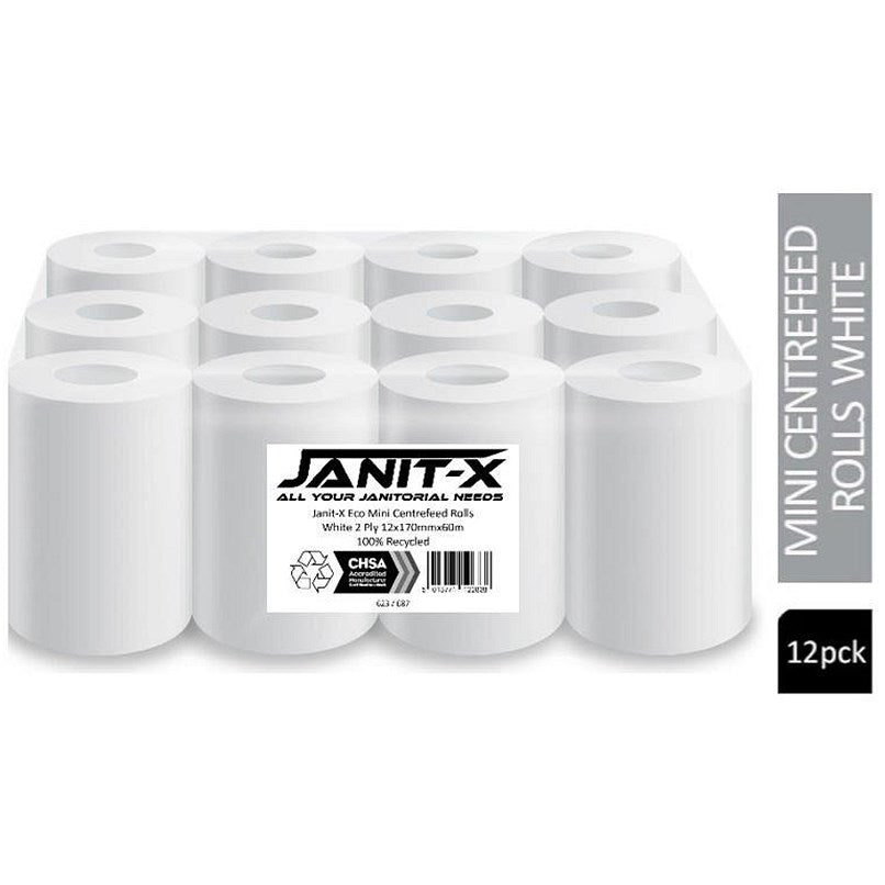 Janit-X Eco 2 Ply Recycled Mini Centrefeed Rolls, 60m, White, Pack of 12