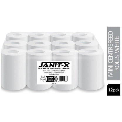Janit-X Eco 2 Ply Recycled Mini Centrefeed Rolls, 60m, White, Pack of 12