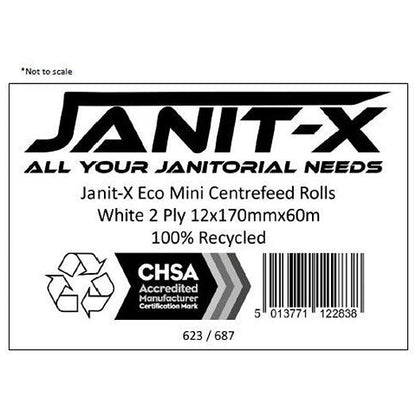 Janit-X Eco 2 Ply Recycled Mini Centrefeed Rolls, 60m, White, Pack of 12