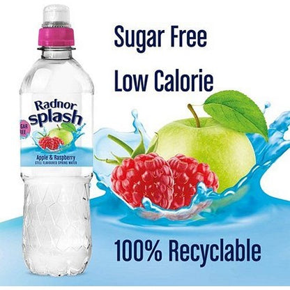Radnor Splash Sugar Free Apple & Raspberry Flavoured Water, Sports Cap Plastic Bottles, 500ml, Pack of 12