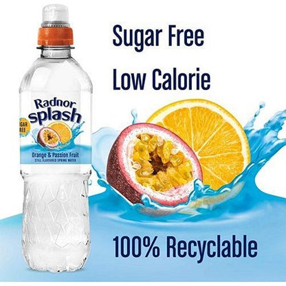 Radnor Splash Sugar Free Orange & Passionfruit Flavoured Water, Sports Cap Plastic Bottles, 500ml, Pack of 12