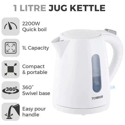 Tower Essentials Kettle, 1 Litre, 2.2kw, White Easy2Order : NWT7927