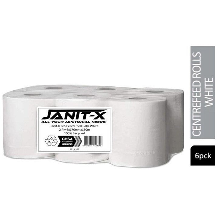 Janit-X Eco 2-Ply 100% Recycled Centrefeed Rolls, 150m, White, Pack of 6
