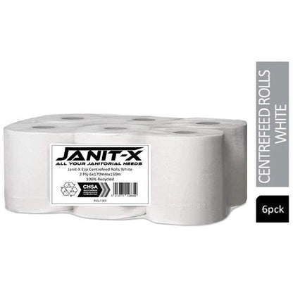 Janit-X Eco 2-Ply 100% Recycled Centrefeed Rolls, 150m, White, Pack of 6