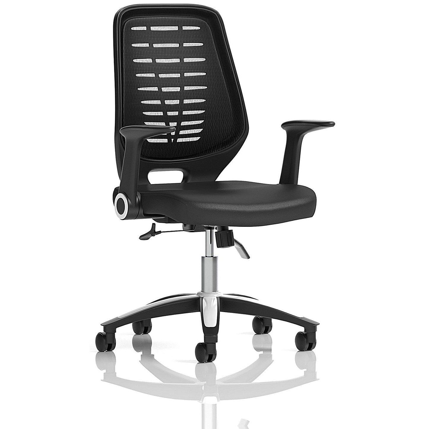Relay Black Mesh Back Bonded Leather Operator Chair, Folding Arms, Black