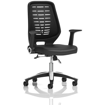 Relay Black Mesh Back Bonded Leather Operator Chair, Folding Arms, Black