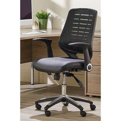 Relay Black Mesh Back Bonded Leather Operator Chair, Folding Arms, Black