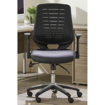 Relay Black Mesh Back Bonded Leather Operator Chair, Folding Arms, Black