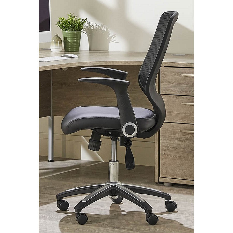 Relay Black Mesh Back Bonded Leather Operator Chair, Folding Arms, Black