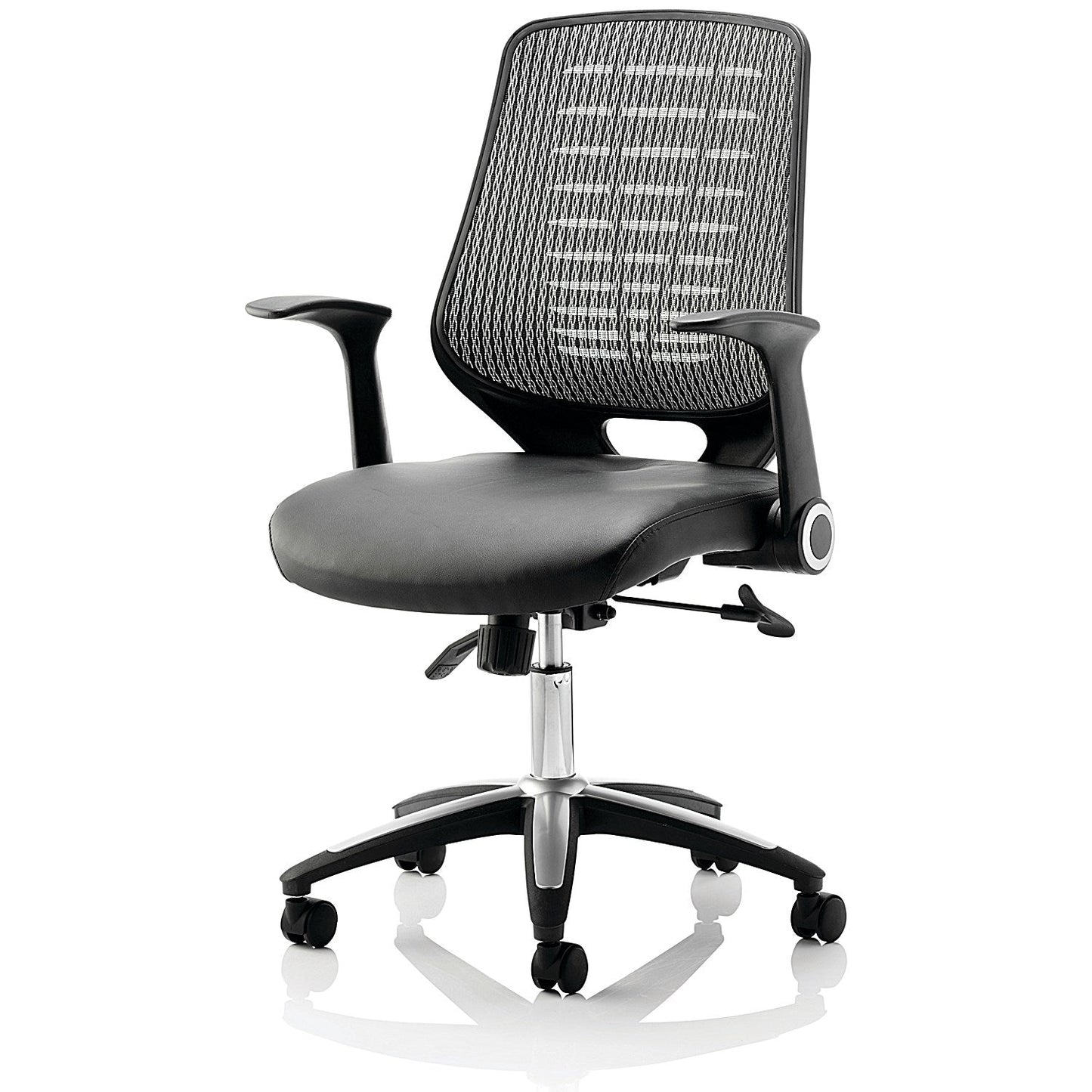 Relay Silver Mesh Back Bonded Leather Operator Chair, Folding Arms, Black