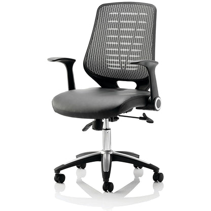 Relay Silver Mesh Back Bonded Leather Operator Chair, Folding Arms, Black