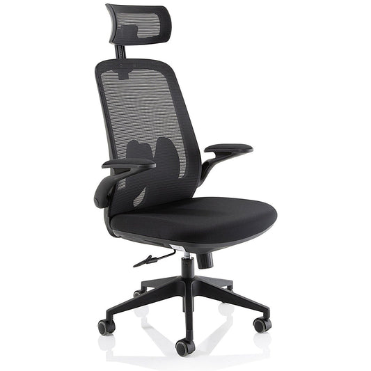 Sigma Executive Mesh Back Chair, Headrest, Folding Arms, Black
