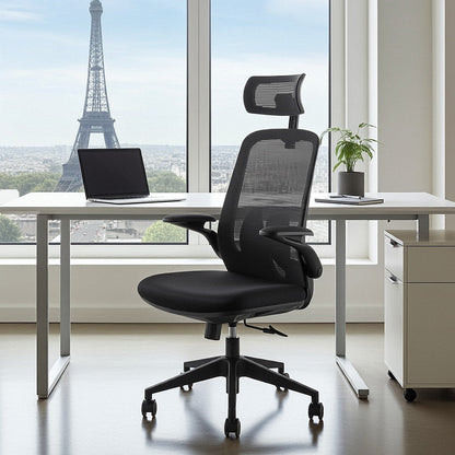Sigma Executive Mesh Back Chair, Headrest, Folding Arms, Black
