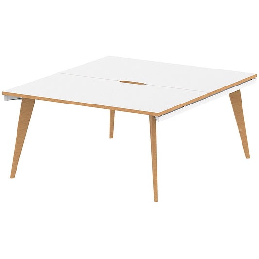Oslo 2 Person Bench Desk, Back to Back, 2 x 1400mm (800mm Deep), White Frame with Wooden Leg and Edge Easy2Order : OSL0106