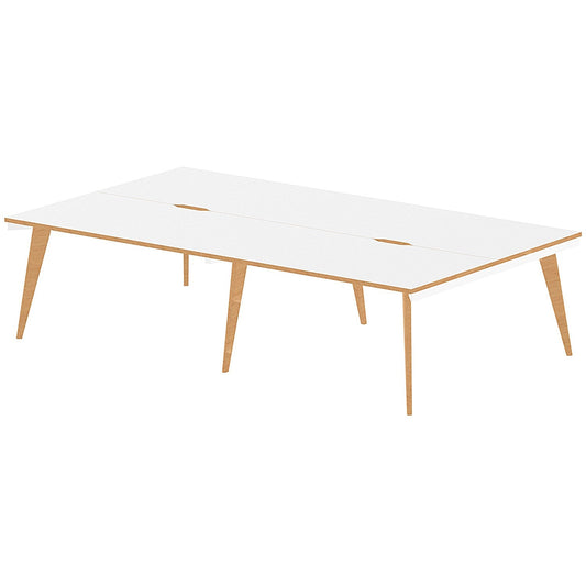Oslo 4 Person Bench Desk, Back to Back, 4 x 1400mm (800mm Deep), White Frame with Wooden Leg and Edge Easy2Order : OSL0107