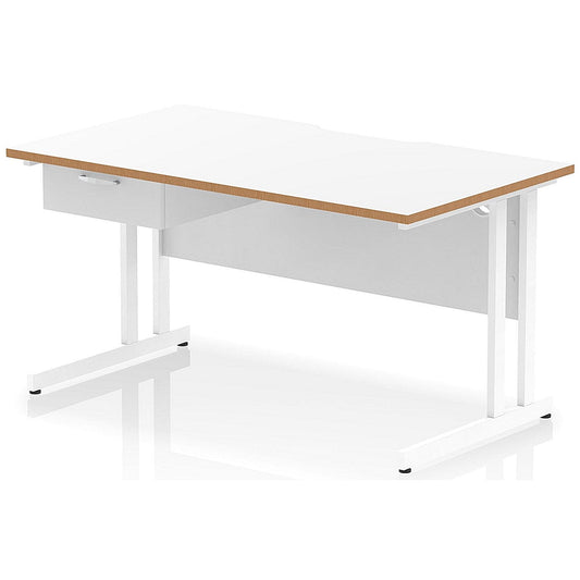 Oslo 1400 Scalloped and Wood Edge Rectangular Desk, Cantilever Legs, White, With 1 Drawer Fixed Pedestal Easy2Order : OSL0147