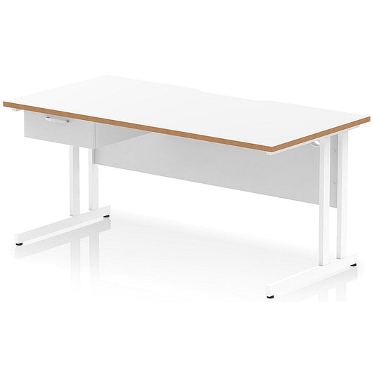 Oslo 1600 Scalloped and Wood Edge Rectangular Desk, Cantilever Legs, White, With 1 Drawer Fixed Pedestal Easy2Order : OSL0148