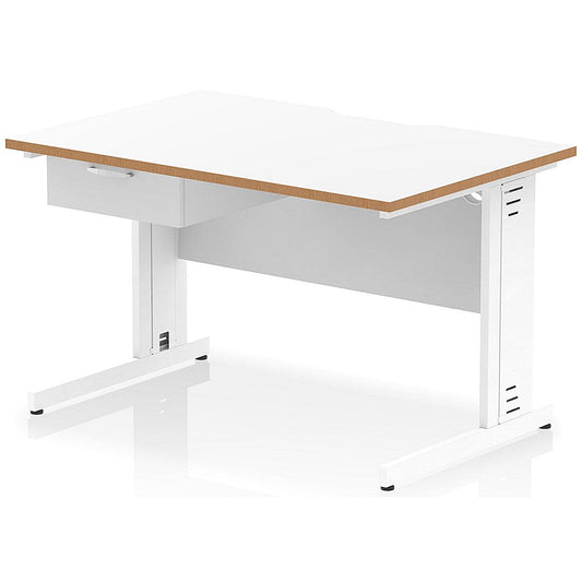 Oslo 1200 Scalloped and Wood Edge Rectangular Desk, Cable Managed Legs, White, With 1 Drawer Fixed Pedestal Easy2Order : OSL0149