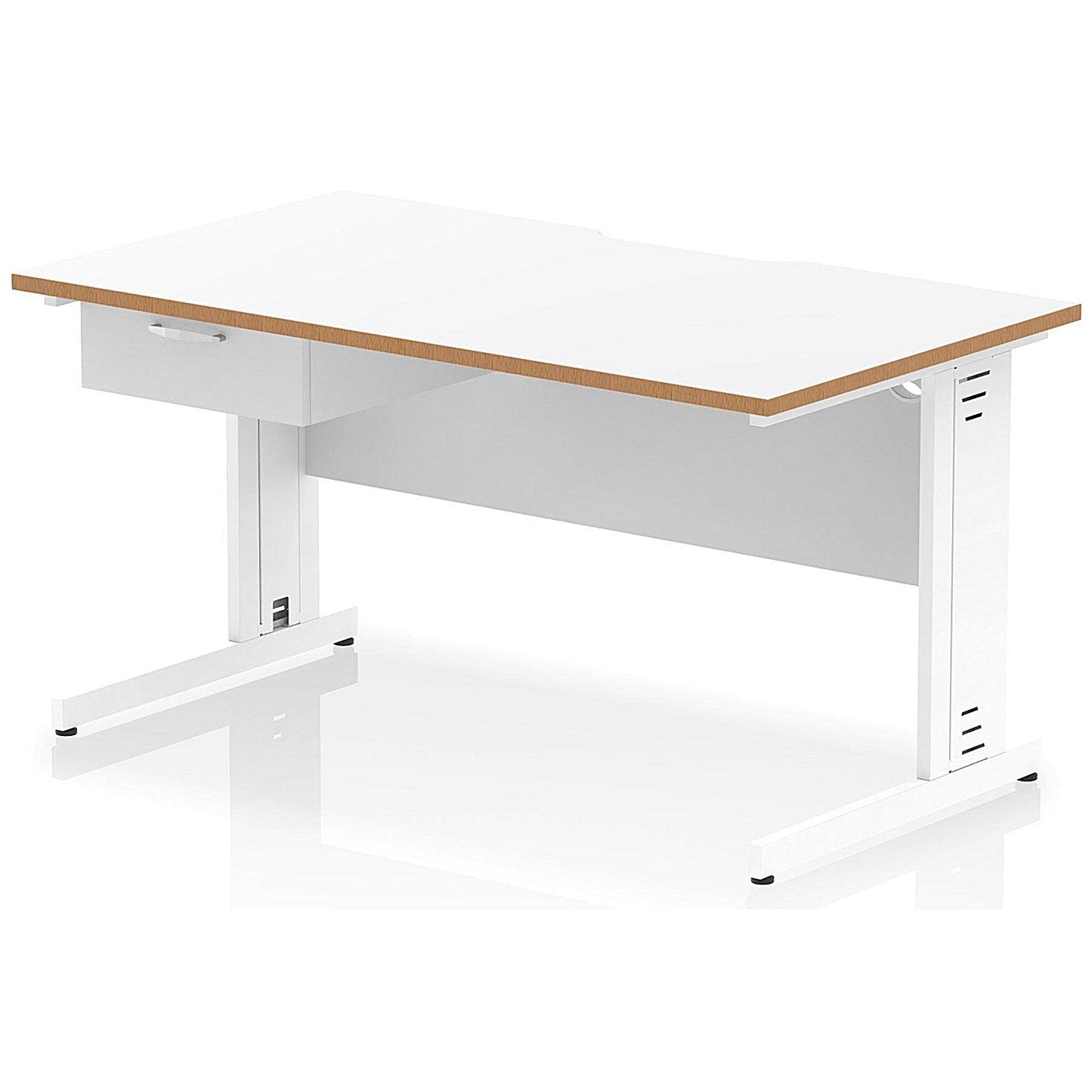 Oslo 1400 Scalloped and Wood Edge Rectangular Desk, Cable Managed Legs, White, With 1 Drawer Fixed Pedestal Easy2Order : OSL0150