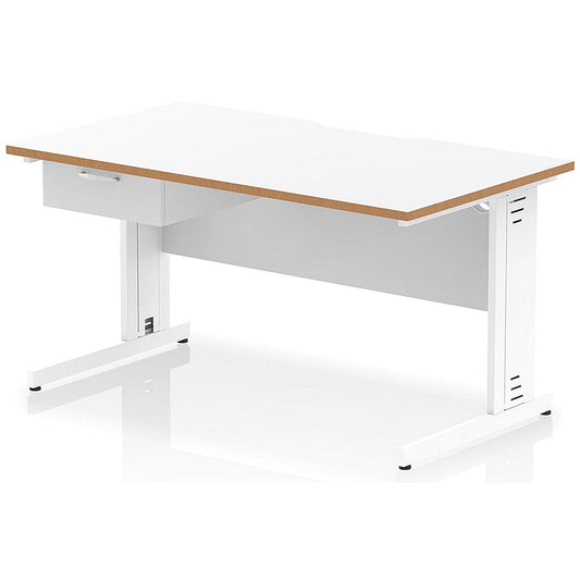 Oslo 1400 Scalloped and Wood Edge Rectangular Desk, Cable Managed Legs, White, With 1 Drawer Fixed Pedestal Easy2Order : OSL0150