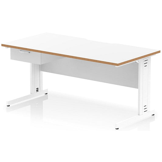 Oslo 1600 Scalloped and Wood Edge Rectangular Desk, Cable Managed Legs, White, With 1 Drawer Fixed Pedestal Easy2Order : OSL0151
