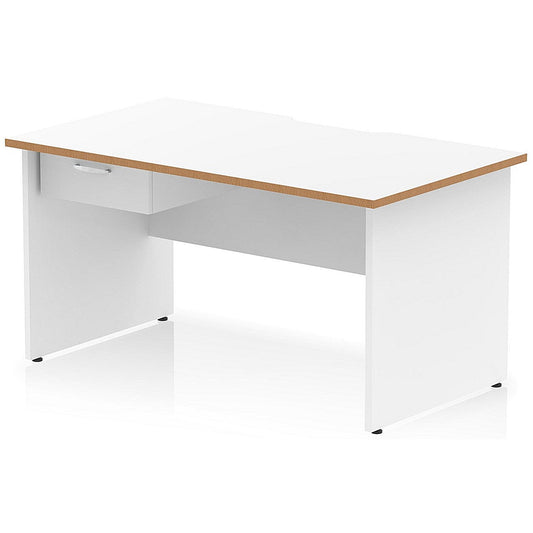 Oslo 1400 Scalloped and Wood Edge Rectangular Desk, Panel End Legs, White, With 1 Drawer Fixed Pedestal Easy2Order : OSL0153