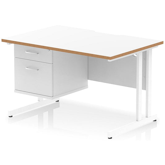 Oslo 1200 Scalloped and Wood Edge Rectangular Desk, Cantilever Legs, White, With 2 Drawer Fixed Pedestal Easy2Order : OSL0155
