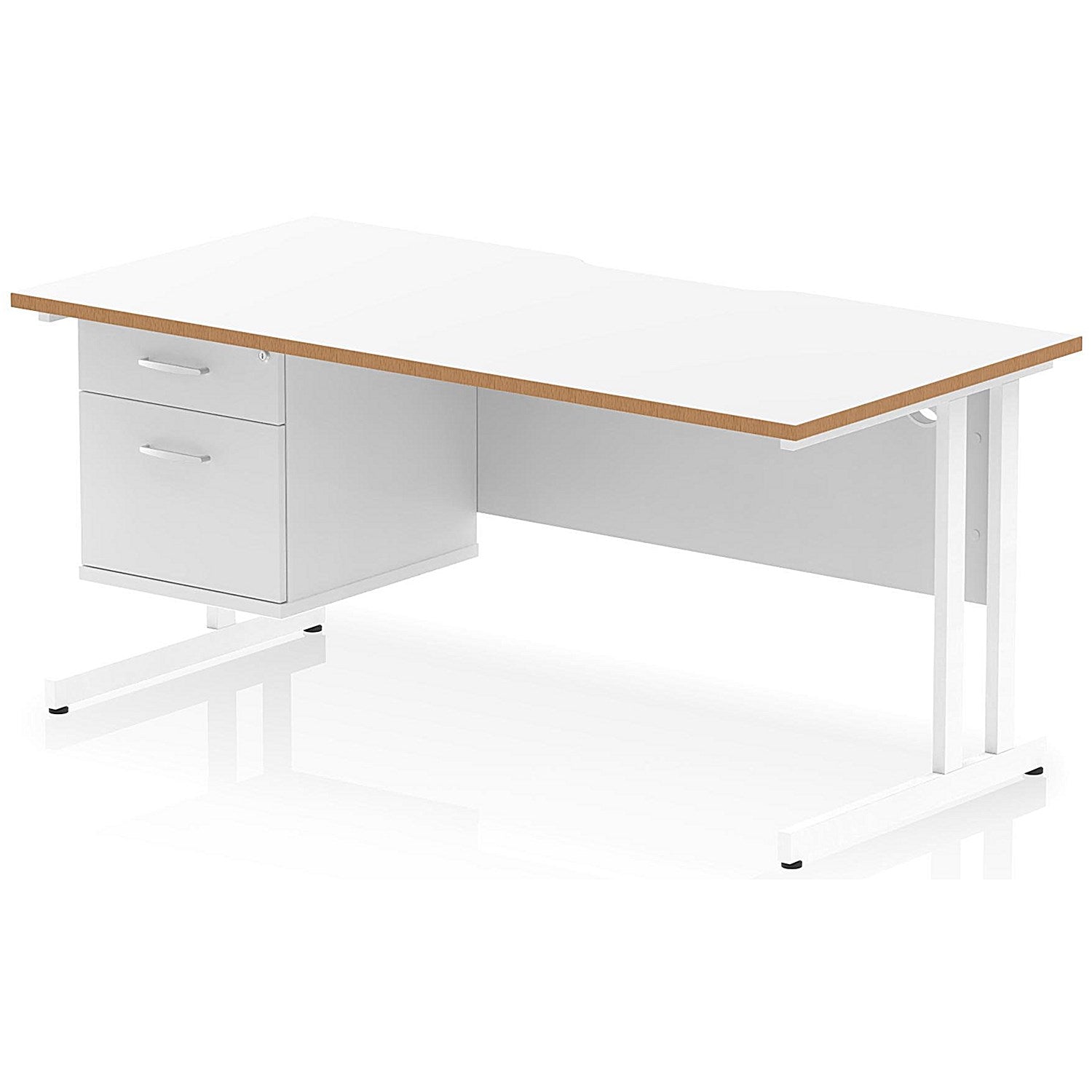 Oslo 1600 Scalloped and Wood Edge Rectangular Desk, Cantilever Legs, White, With 2 Drawer Fixed Pedestal Easy2Order : OSL0157