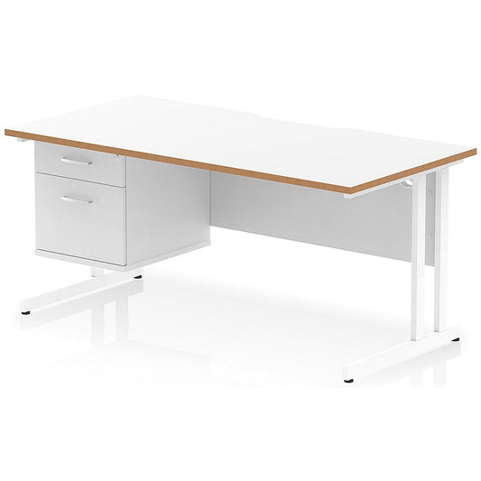 Oslo 1600 Scalloped and Wood Edge Rectangular Desk, Cantilever Legs, White, With 2 Drawer Fixed Pedestal Easy2Order : OSL0157