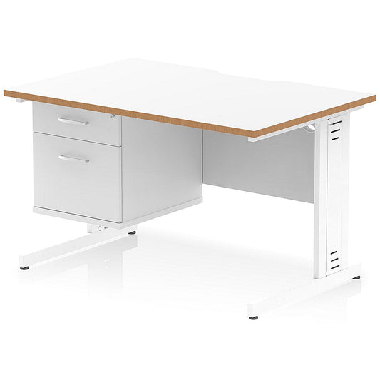 Oslo 1200 Scalloped and Wood Edge Rectangular Desk, Cable Managed Legs, White, With 2 Drawer Fixed Pedestal Easy2Order : OSL0158