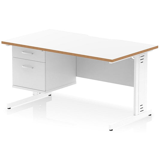 Oslo 1400 Scalloped and Wood Edge Rectangular Desk, Cable Managed Legs, White, With 2 Drawer Fixed Pedestal Easy2Order : OSL0159