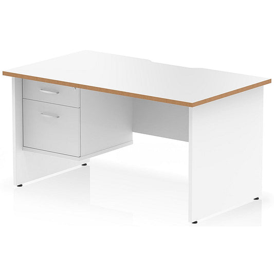 Oslo 1400 Scalloped and Wood Edge Rectangular Desk, Panel End Legs, White, With 2 Drawer Fixed Pedestal Easy2Order : OSL0162