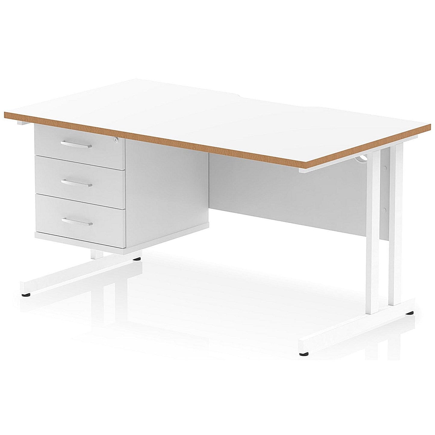 Oslo 1400 Scalloped and Wood Edge Rectangular Desk, Cantilever Legs, White, With 3 Drawer Fixed Pedestal Easy2Order : OSL0165