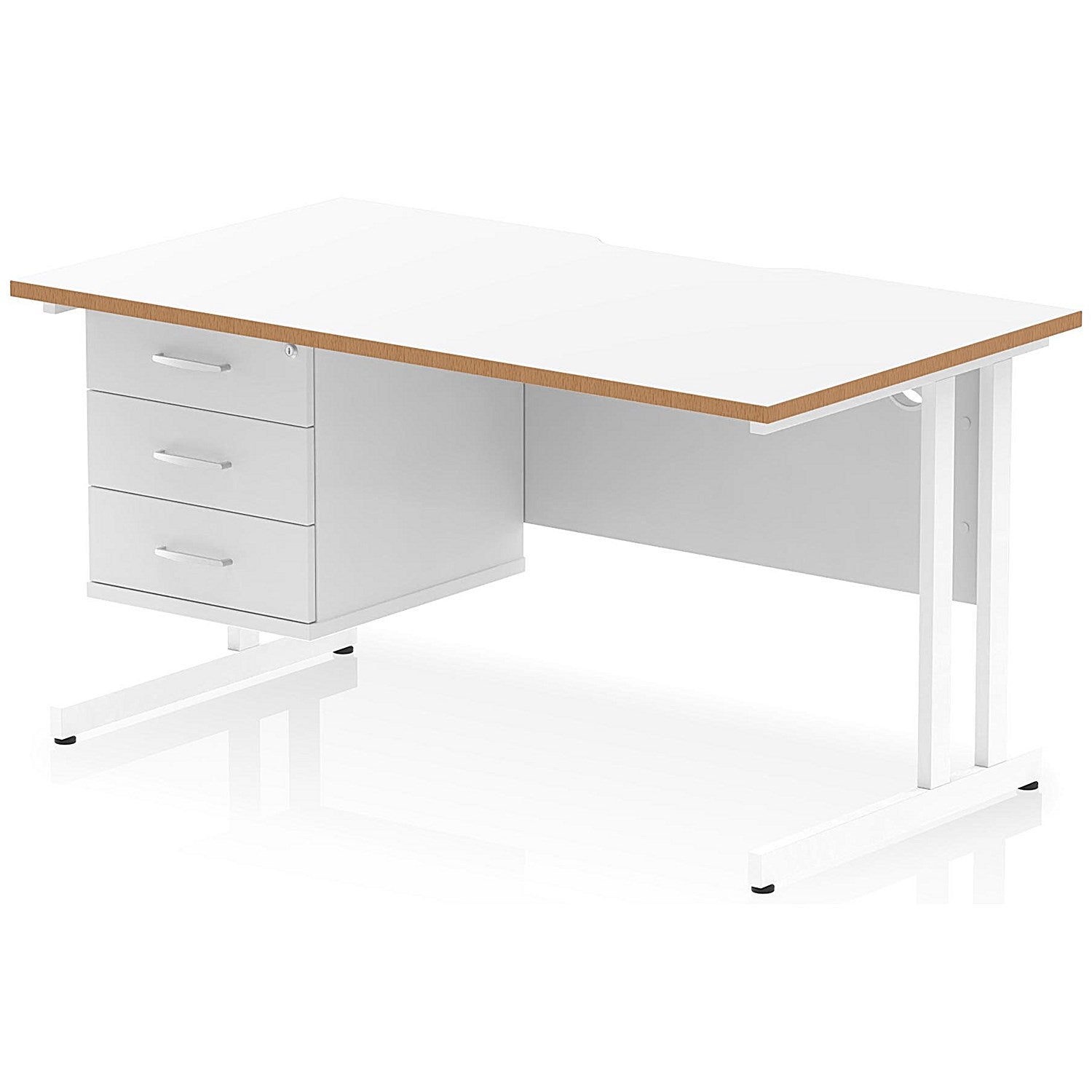 Oslo 1400 Scalloped and Wood Edge Rectangular Desk, Cantilever Legs, White, With 3 Drawer Fixed Pedestal Easy2Order : OSL0165