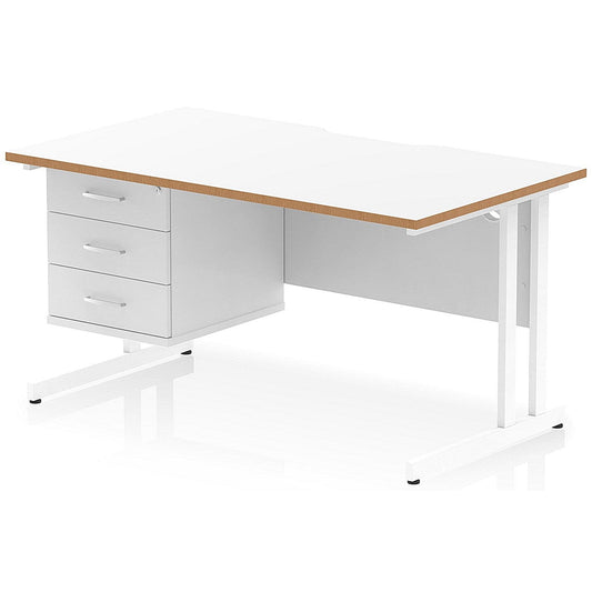 Oslo 1400 Scalloped and Wood Edge Rectangular Desk, Cantilever Legs, White, With 3 Drawer Fixed Pedestal Easy2Order : OSL0165