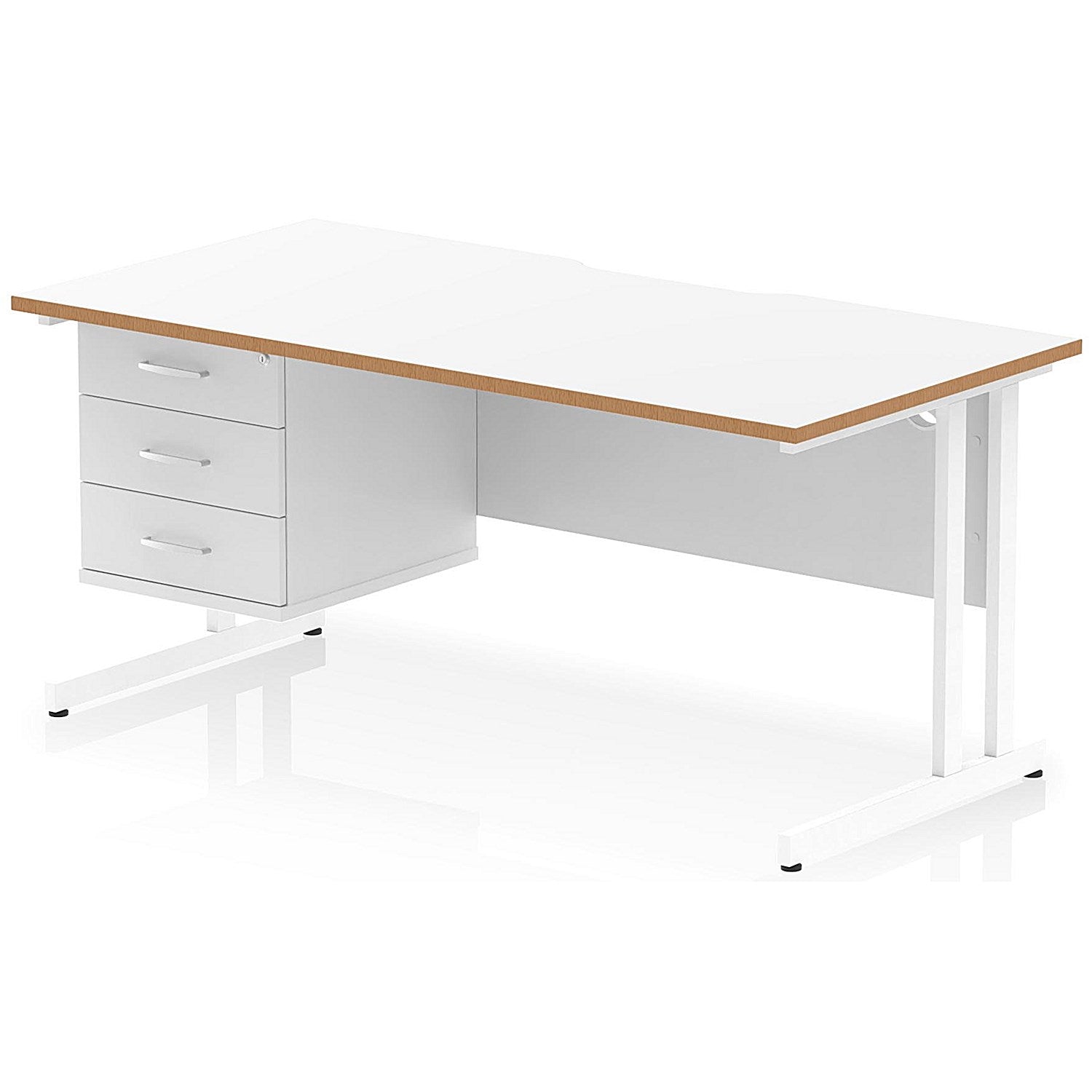 Oslo 1600 Scalloped and Wood Edge Rectangular Desk, Cantilever Legs, White, With 3 Drawer Fixed Pedestal Easy2Order : OSL0166