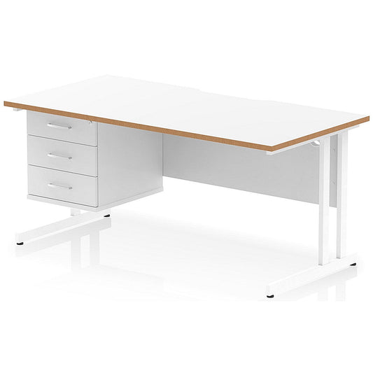 Oslo 1600 Scalloped and Wood Edge Rectangular Desk, Cantilever Legs, White, With 3 Drawer Fixed Pedestal Easy2Order : OSL0166