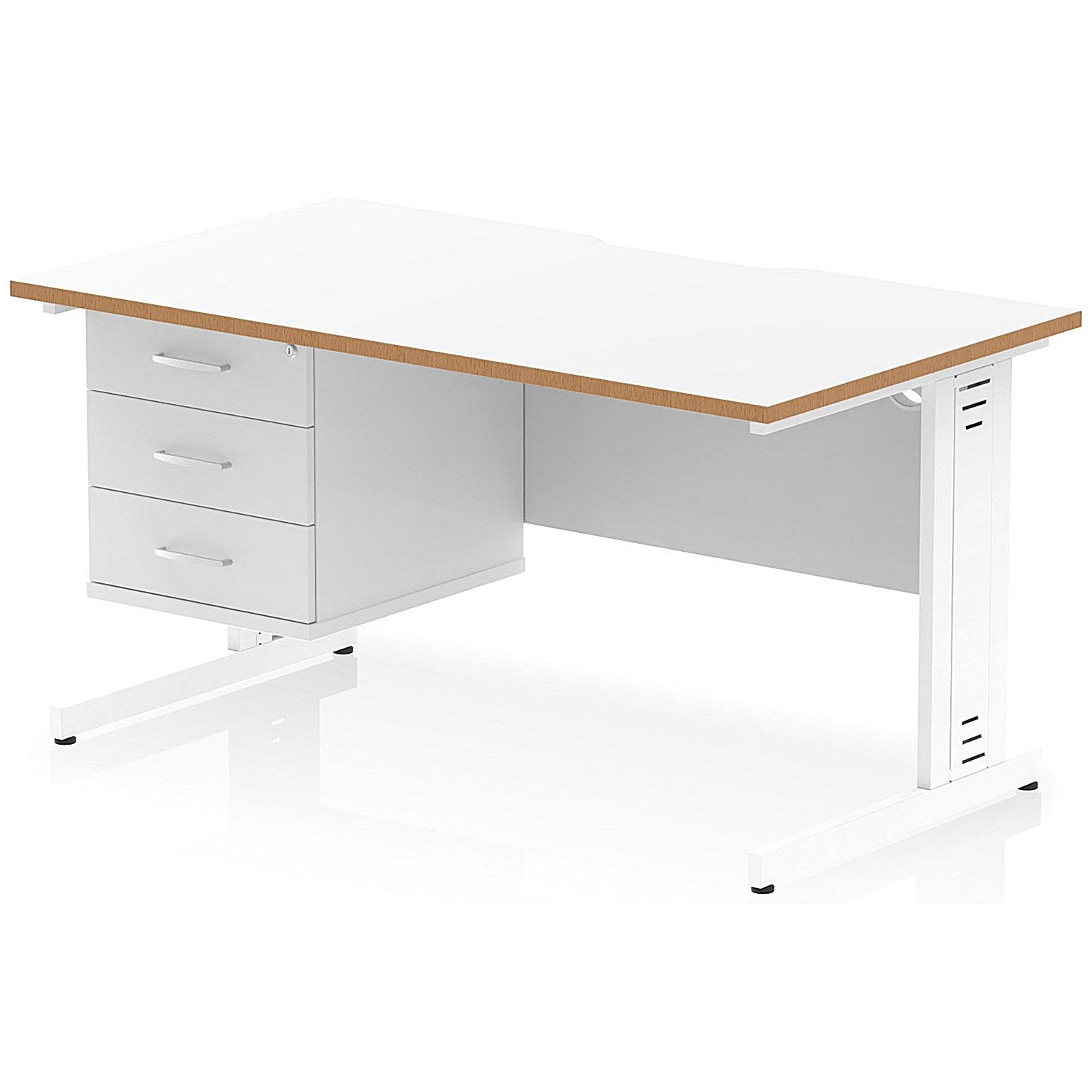Oslo 1400 Scalloped and Wood Edge Rectangular Desk, Cable Managed Legs, White, With 3 Drawer Fixed Pedestal Easy2Order : OSL0168