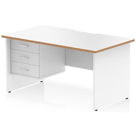 Oslo 1400 Scalloped and Wood Edge Rectangular Desk, Panel End Legs, White, With 3 Drawer Fixed Pedestal Easy2Order : OSL0171