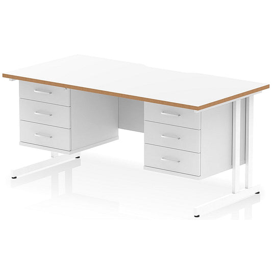 Oslo 1600 Scalloped and Wood Edge Rectangular Desk, Cantilever Legs, White, With 2 x 3 Drawer Fixed Pedestals Easy2Order : OSL0182