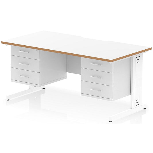 Oslo 1600 Scalloped and Wood Edge Rectangular Desk, Cable Managed Legs, White, With 2 x 3 Drawer Fixed Pedestals Easy2Order : OSL0183