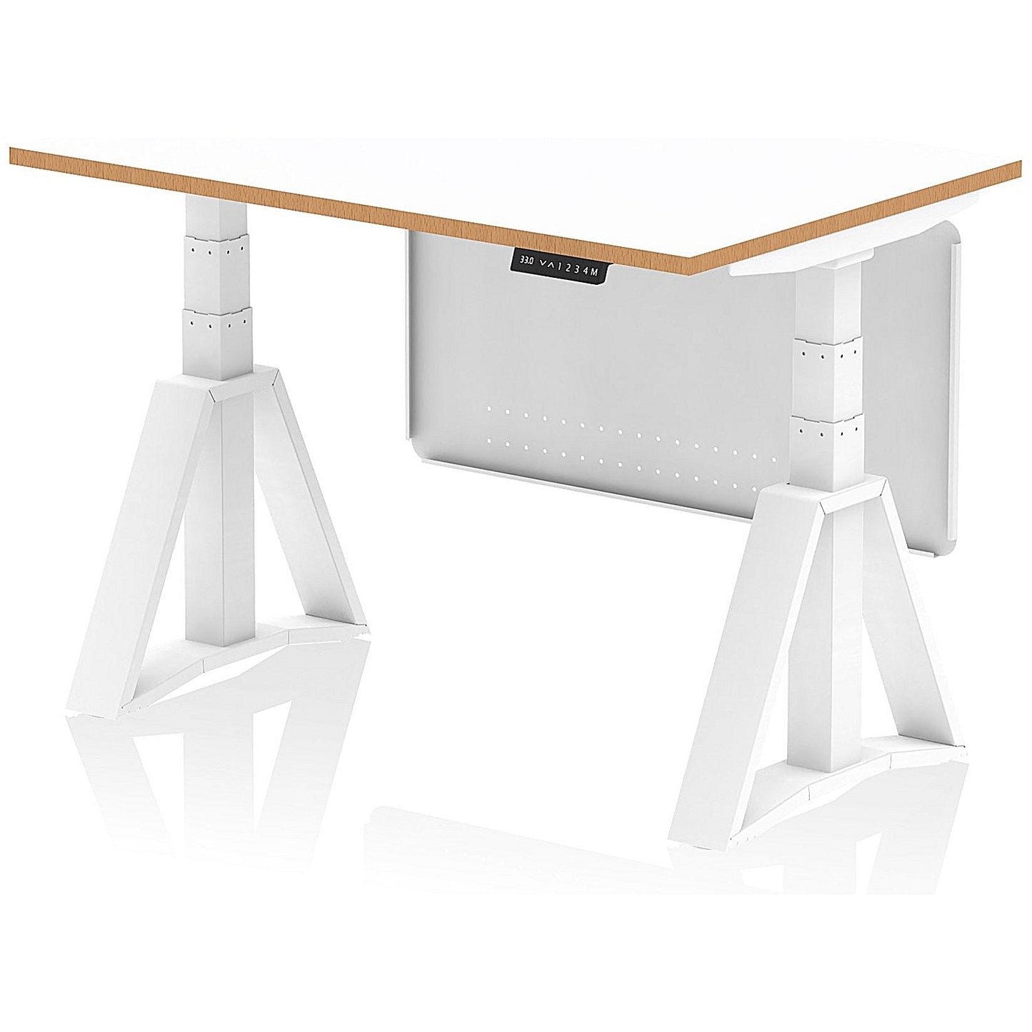 Oslo 1200mm Height Adjustable Desk, Natural Wood Edge, White Frame with Piste Foot and Modesty Panel, White Easy2Order : OSL0188