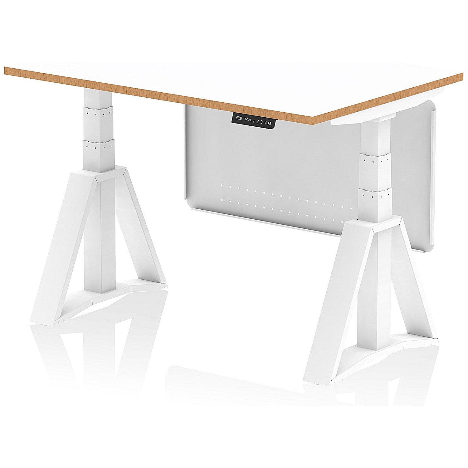 Oslo 1200mm Height Adjustable Desk, Natural Wood Edge, White Frame with Piste Foot and Modesty Panel, White Easy2Order : OSL0188