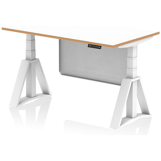 Oslo 1400mm Height Adjustable Desk, Natural Wood Edge, White Frame with Piste Foot and Modesty Panel, White Easy2Order : OSL0189
