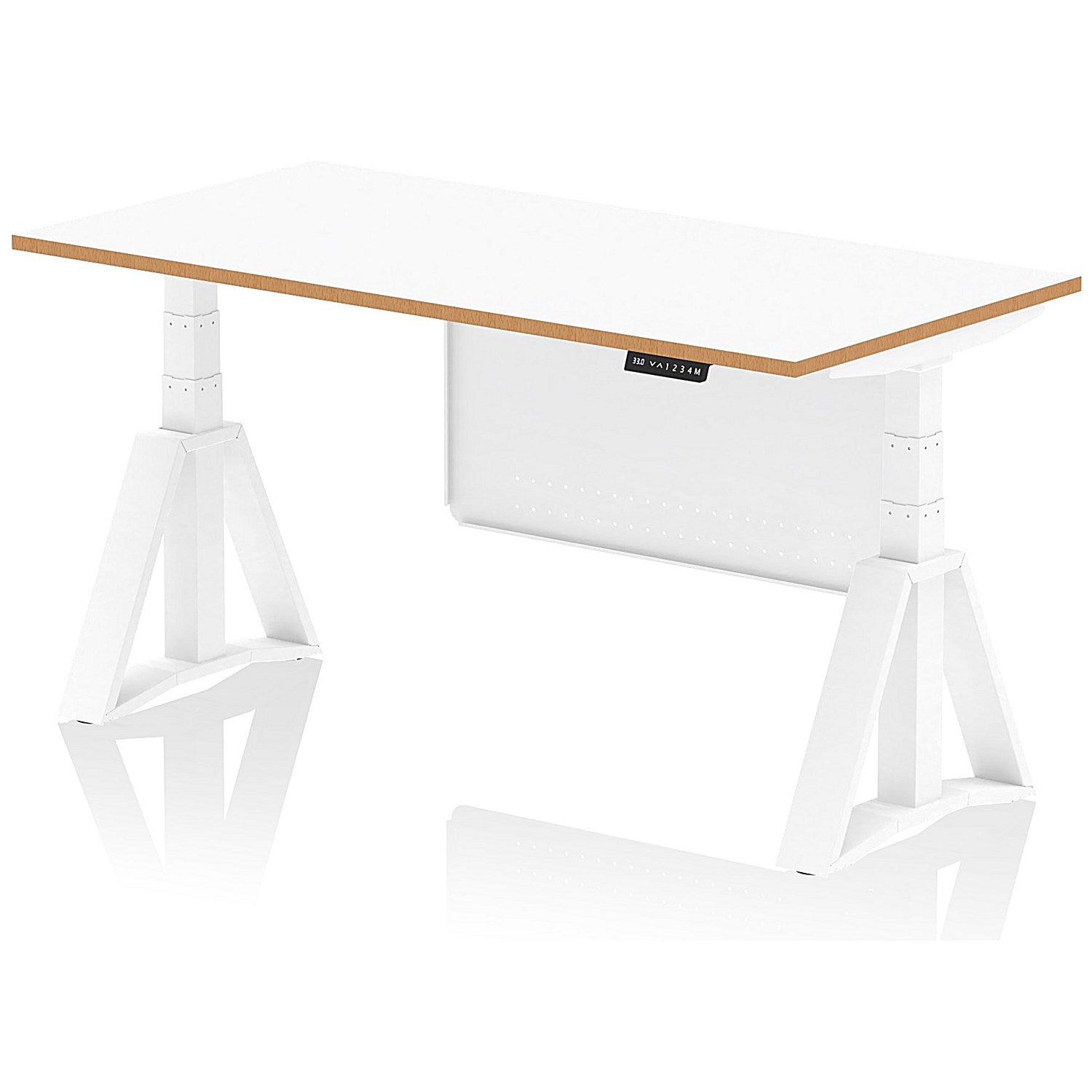 Oslo 1600mm Height Adjustable Desk, Natural Wood Edge, White Frame with Piste Foot and Modesty Panel, White Easy2Order : OSL0190