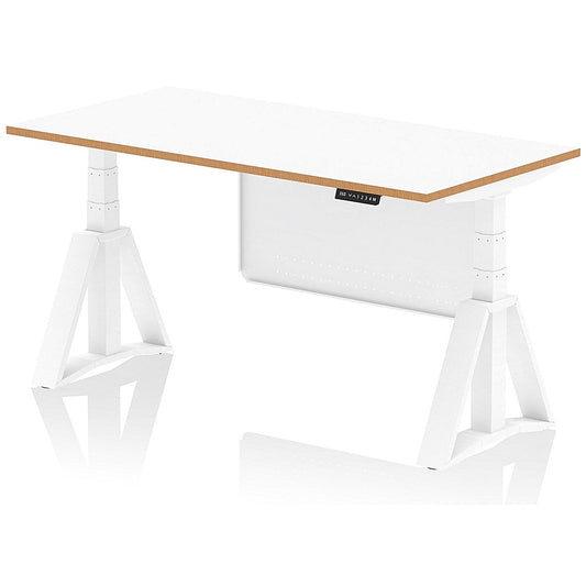 Oslo 1600mm Height Adjustable Desk, Natural Wood Edge, White Frame with Piste Foot and Modesty Panel, White Easy2Order : OSL0190