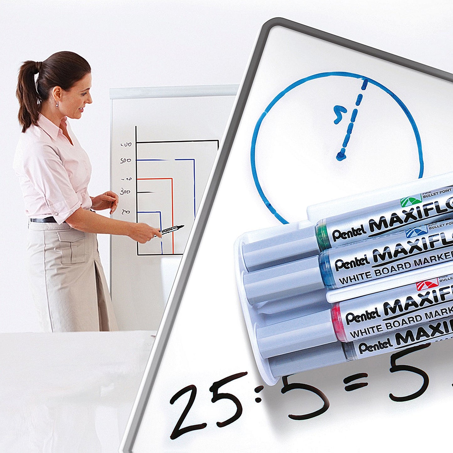 Pentel Maxiflo Whiteboard Markers, Assorted Pack of 4 with Magnetic Eraser