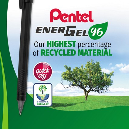 Pentel EnerGel Capstyle Eco Rollerball, 0.7mm, Black, Pack of 12
