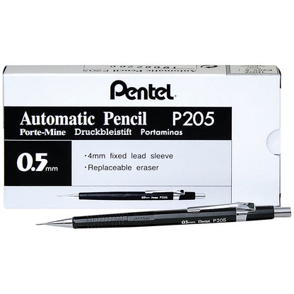 Pentel P205 Mechanical Pencil with eraser, Steel-lined with 6 x HB 0.5mm Lead, Pack of 12 Easy2Order : PE04024